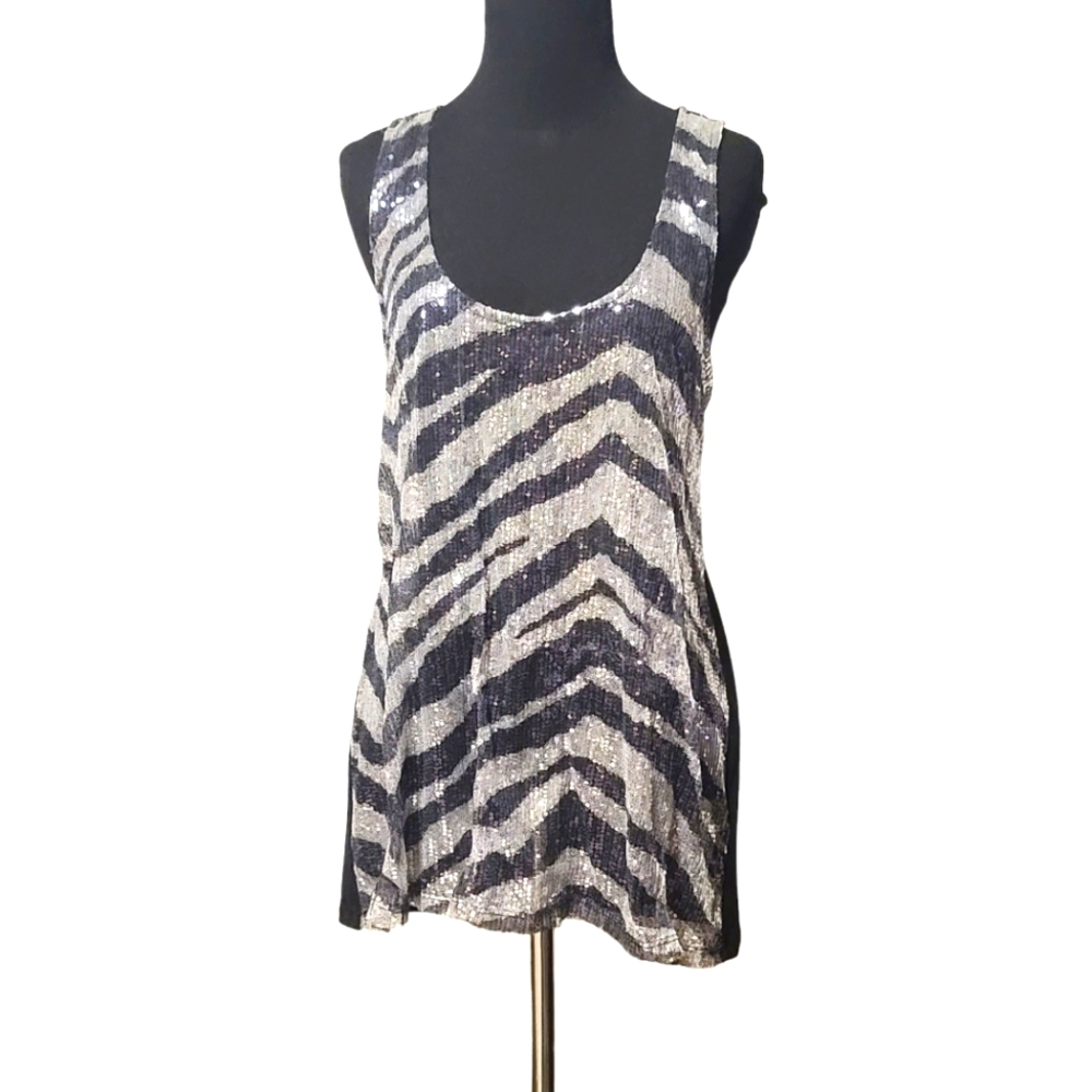 Almost Famous Black & White Tank Top with Silver Sequins Size L
